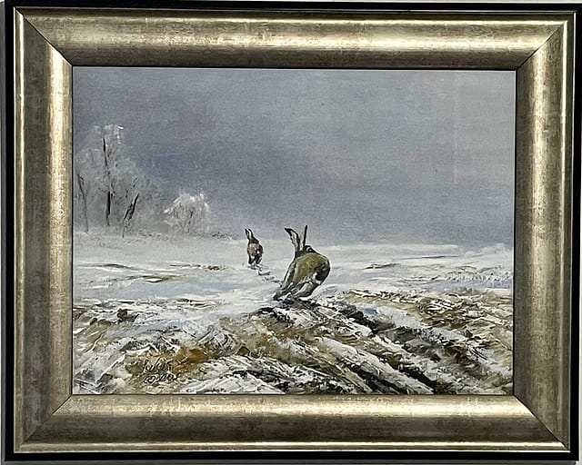 Gemälde: Feldhase auf der Flucht – Winterlandschaft mit zwei Hasen