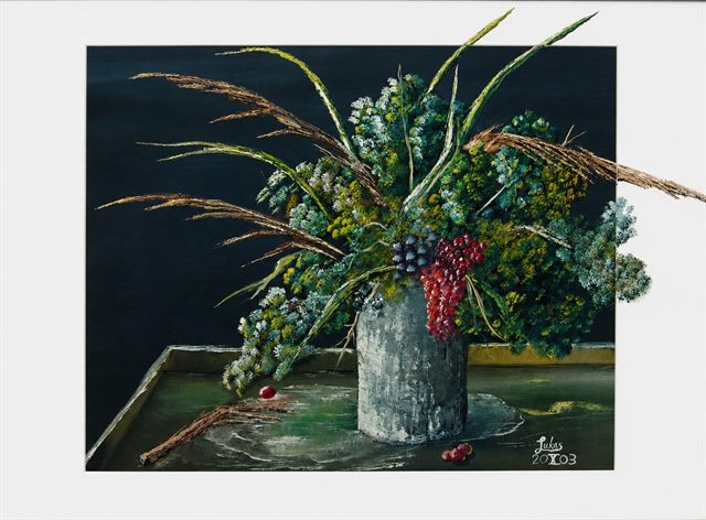 Gemälde: Floristentisch – Stillleben mit Vase und Wildblumen